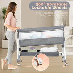 3-in-1 Adjustable Height Baby Bassinet Crib with Mosquito Net and Storage Basket in Grey