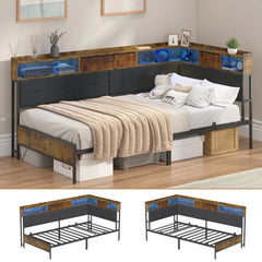 Walnut Single LED Corner Bed Frame in Black with 2 Storage Drawers and Charging Station
