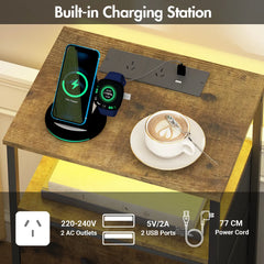 Nightstand with RGB LED Light and Charging Station, Brown, 40x30x70cm