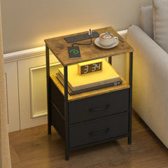 Black and Brown Nightstand with LED Light, Charging Station, and Storage - 60x40cm