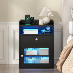 Black Bedside Table with Acrylic Door, Charging Station and RGB LED Light