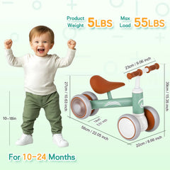 Green Baby Balance Bike with LED Lights, 4 Wheels, Lightweight Design for Toddlers
