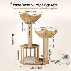 Large Cat Scratching Post Tree Tower with Baskets and Cubby Cave in Natural Wood & White, 60x40x99cm