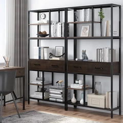 Metal Bookcase With Drawers, Dark Walnut & Black, 90x30x180cm, 6 Shelves
