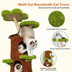 Large Multi-Level Cat Tree Tower in Green & Brown with Plush and Wood Design, 61x148cm
