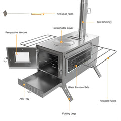 Stainless Steel Wood Burner Stove for Camping w/ Chimney & Bag