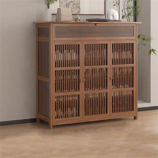 Wooden Shoe Rack XL 4 Tier 3 Doors Drawers Shelves Cabinet Organizer
