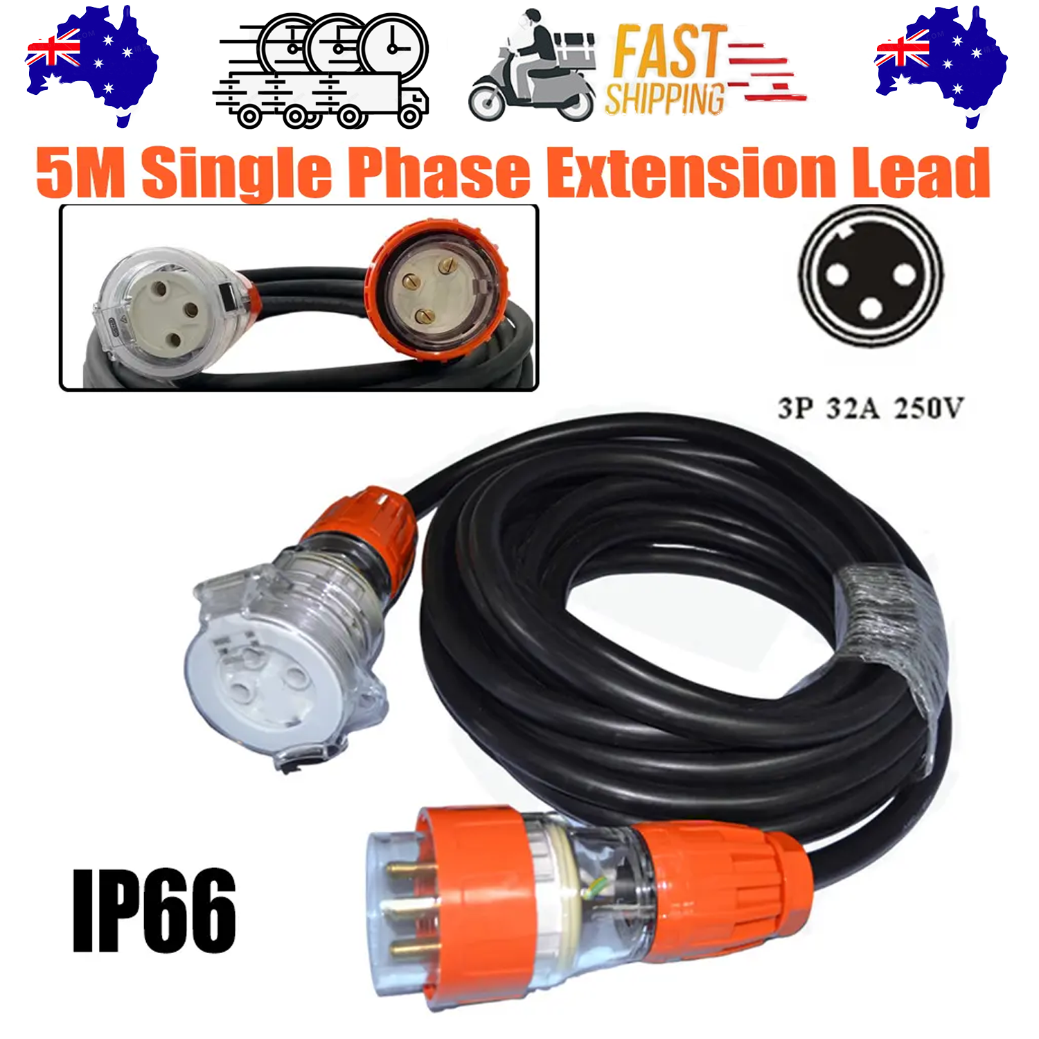 thumbnail image 2 of 32 Amp 5 Meter Extension Lead - Single Phase 3-Pin Rubber Cable, 240V Power Cord 2 of 9