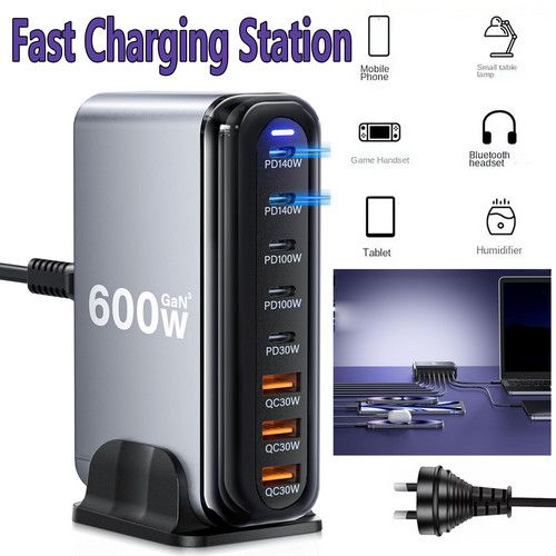 600W GaN³ 8 Ports Fast Charging Station USB&Type-C for iPhone, Laptops, MacBook
