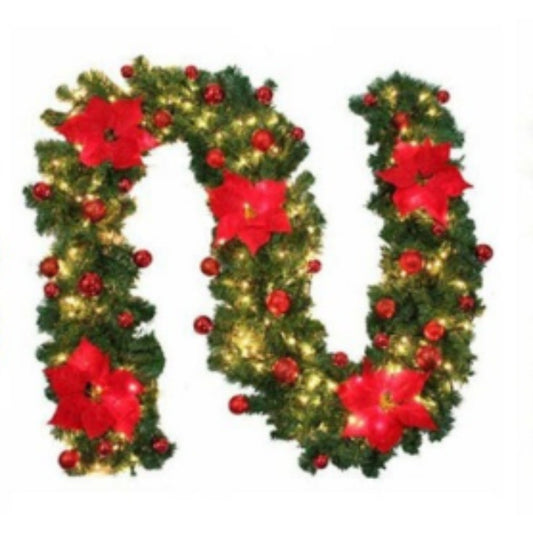 RED 9FT Xmas Christmas Garland Artificial Wreath with LED Lights Stairs Home Rattan