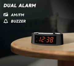 AM/FM Alarm Clock Radio with Dual Alarm, Sleep Timer & Snooze Functions, Orange LED Display, 4-Level Dimming Option