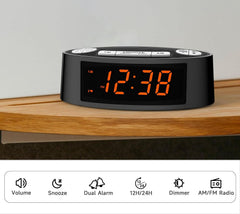 AM/FM Alarm Clock Radio with Dual Alarm, Sleep Timer & Snooze Functions, Orange LED Display, 4-Level Dimming Option