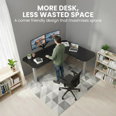 FORTIA Corner Standing Desk, 160x140cm, 72-118cm Sit to Stand Up Electric Height Adjustable, Black Desktop/Silver Frame