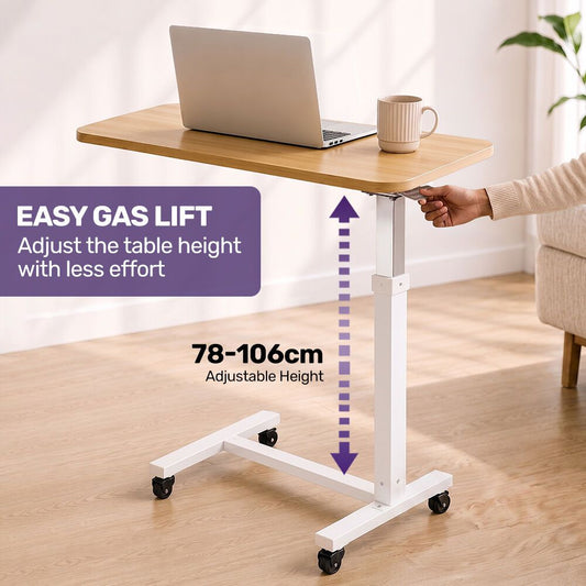 EQUIPMED Overbed Table with Gas Lift, 15kg Load, Steel Frame, 78-107cm Adjustable Height, Lockable Castors, Home Care Use