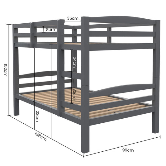 KINGSTON SLUMBER Single Bunk Bed Frame, Solid Pine 2-in-1 Modular Design, Converts to 2 Single Beds, For Kids, Grey