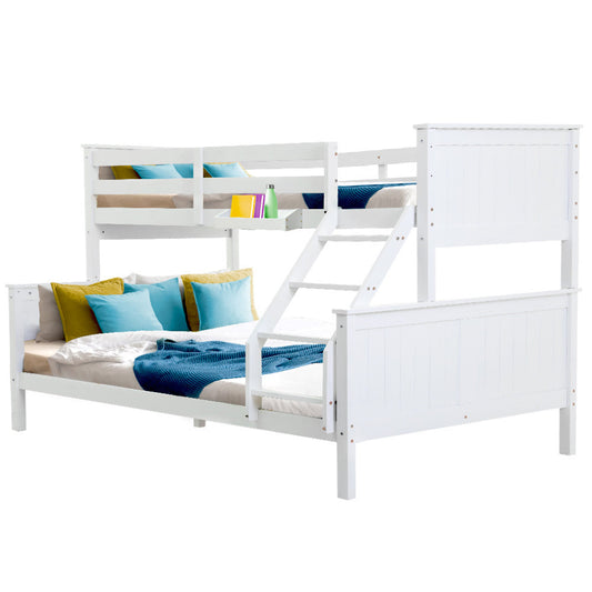 White bunk bed with colorful bedding on a white background