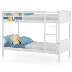 White bunk bed with blue bedding and pillows on a white background