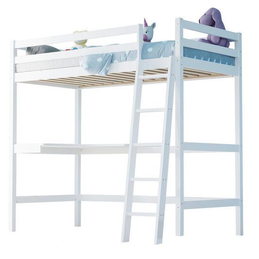 White loft bed with ladder and toys on a white background