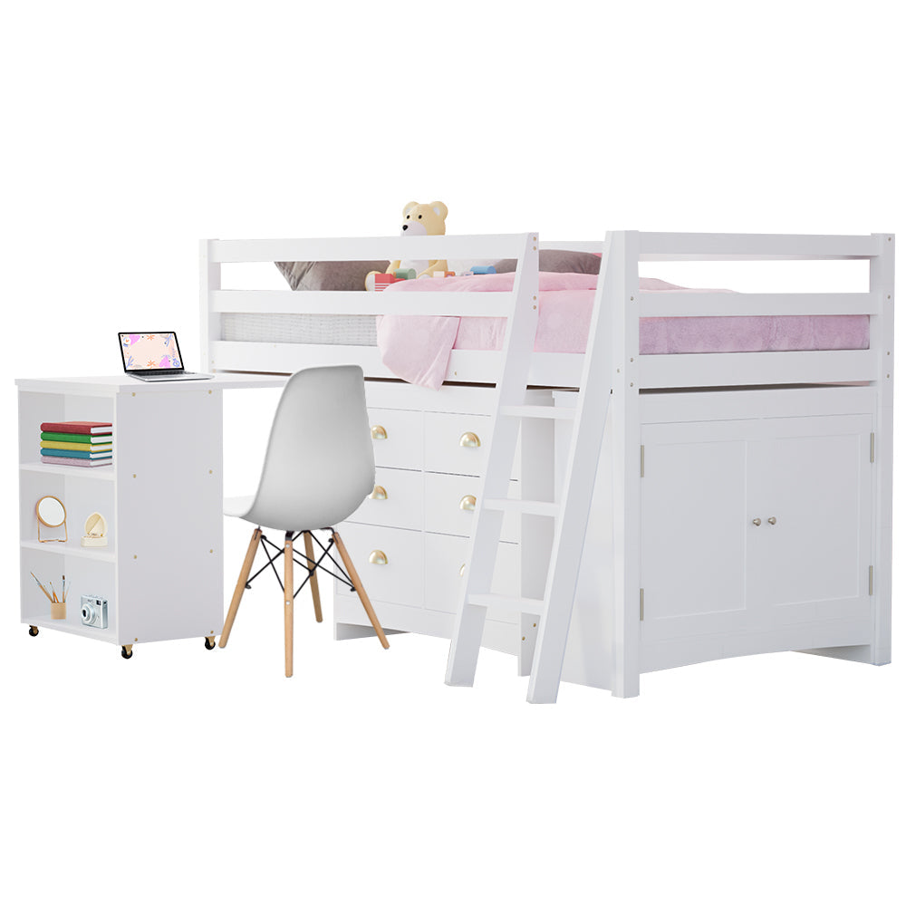 KINGSTON SLUMBER Wooden Kids Single Loft Bed Frame with Pull Out Desk, Storage Drawers, Cabinet - White