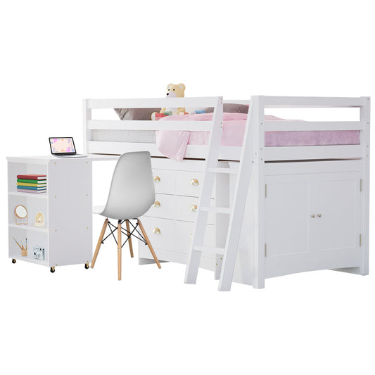 KINGSTON SLUMBER Wooden Kids Single Loft Bed Frame with Pull Out Desk, Storage Drawers, Cabinet - White