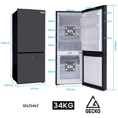 GECKO 139L Upright Portable Fridge / Freezer, 12V/24V for Motorhome, Tiny Home, Off-grid and Caravan, Black