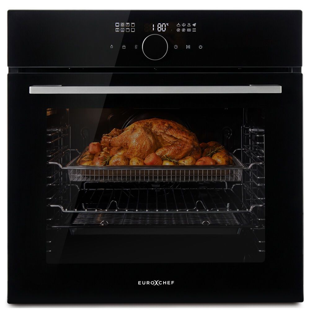 EUROCHEF 60cm Built-In Electric Oven, 80L, Water Clean, Air Fryer, 16 Functions, Triple-Glazed Door, Black, 15A Plug, Black
