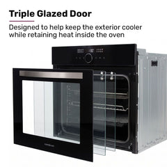 EUROCHEF 60cm Built-In Electric Oven, 80L, Water Clean, Air Fryer, 16 Functions, Triple-Glazed Door, Black, 15A Plug, Black