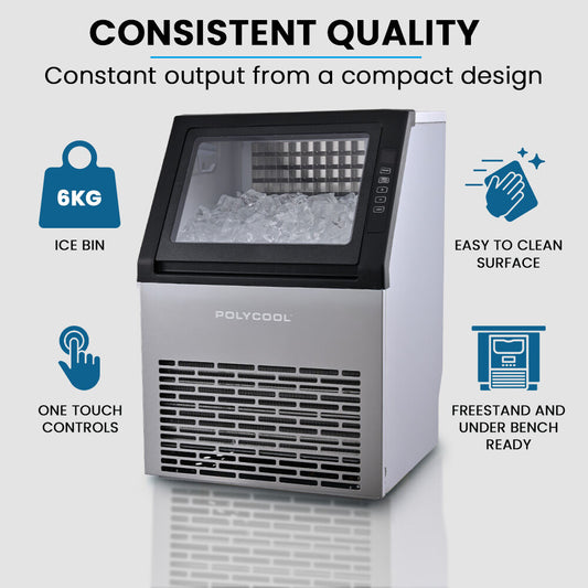 POLYCOOL Commercial Ice Maker Machine, up to 45kg/24hr, Timer & Self Cleaning Programs