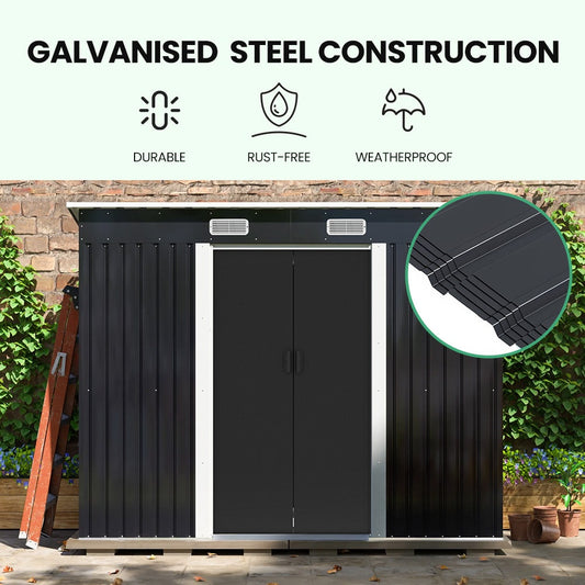 PlantCraft Galvanised Steel Garden Shed 2.38 x 1.31 x 1.82m, with 2 Sliding Doors, 2 Air Vents, Skillion Roof, Floor Frame