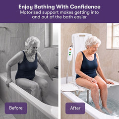 EQUIPMED Motorised Bath Lift Chair, Electric Battery Operated Reclining Seat, Bathing Aid for Elderly & Disabled, 136kg Capacity White