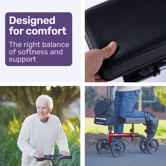 Equipmed Knee Scooter Walker, Dual Brakes - Bag - Broken Leg Ankle Foot Mobility - Crutches Alternative - Red