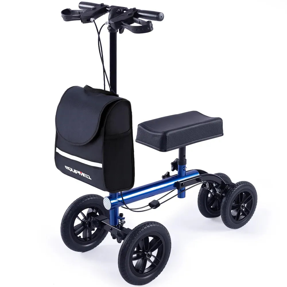 EQUIPMED Knee Scooter Walker, 10 inch Tyres Dual Brakes Bag - Broken Leg Ankle Foot Mobility - Crutches Alternative - Blue