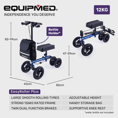 EQUIPMED Knee Scooter Walker, 10 inch Tyres Dual Brakes Bag - Broken Leg Ankle Foot Mobility - Crutches Alternative - Blue