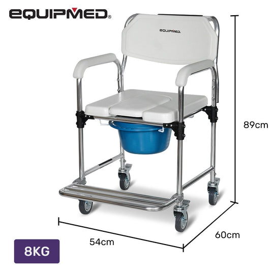 Equipmed Commode Shower Chair, Over Toilet or Bedside 136kg Capacity Aluminium frame with Wheels, White/Blue