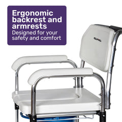 Equipmed Commode Shower Chair, Over Toilet or Bedside 136kg Capacity Aluminium frame with Wheels, White/Blue