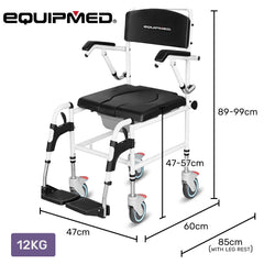 Equipmed Commode Shower Chair, Over Toilet or Bedside 136kg Capacity Aluminium frame with Wheels, Black