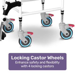 Equipmed Commode Shower Chair, Over Toilet or Bedside 136kg Capacity Aluminium frame with Wheels, Black