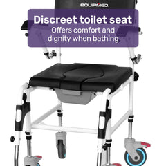 Equipmed Commode Shower Chair, Over Toilet or Bedside 136kg Capacity Aluminium frame with Wheels, Black