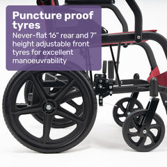 Equipmed Folding Transit Wheelchair, Lightweight Aluminium for Easy Transport, Crimson Red
