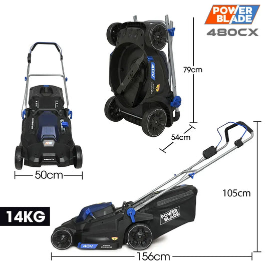 POWERBLADE 480CX 40V 17" Cordless Lawn Mower Kit, Fast Charger, 2 x 4Ah Batteries, 6 Stage Height, Brushless Electric, 430mm Cutting Path