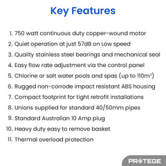 PROTEGE Variable Speed Pump, 1.0HP, 3 Speeds, Quiet, Economical, for Swimming Pool and Spa