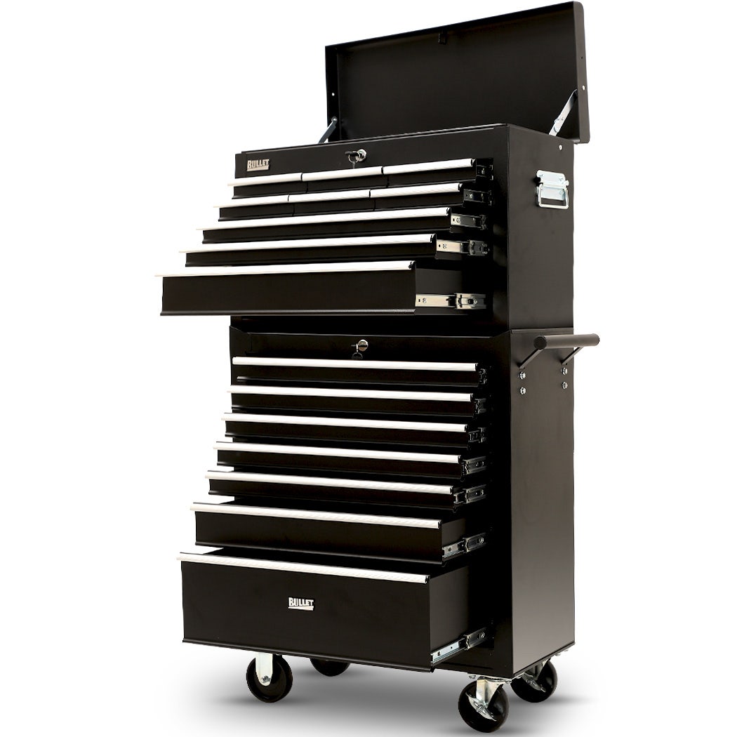 BULLET Pro 16 Drawer Tool Box Cabinet Chest Storage, Toolbox Garage Organiser Set, Black