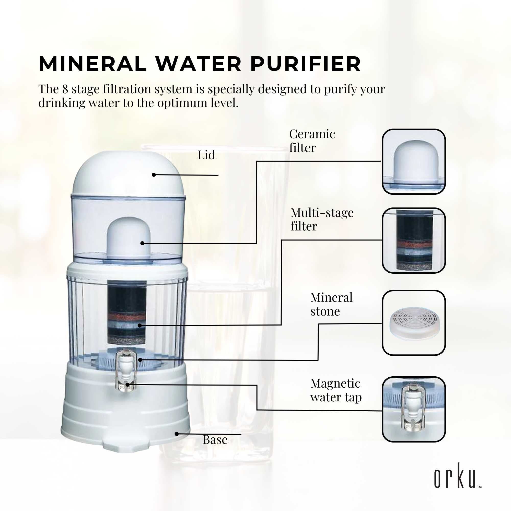 16L Benchtop 8 Stage Water Filter - Ceramic Carbon Mineral Stone Silica Purifier