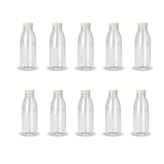 10x 300ml PET Juice Bottles + Tamper Evident Caps - Empty Plastic Recyclable Clear