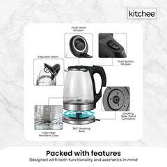 Kitchee 1.7L Glass Electric Kettle LED Light Cordless 360 Water Boiling Jug