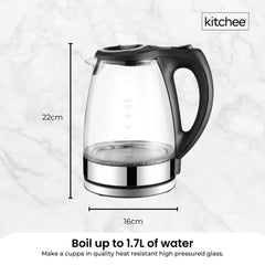 Kitchee 1.7L Glass Electric Kettle LED Light Cordless 360 Water Boiling Jug
