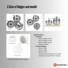 Tooleroo Button Badge Making Set - Maker + Moulds + Badges 25mm 32mm 58mm