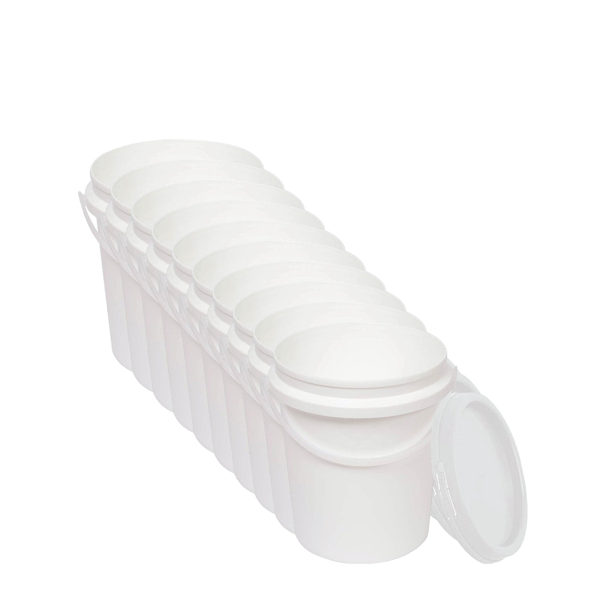 Kitchee 10x 1.2L Plastic Buckets + Lids - Food Grade Empty White Tub With Handle