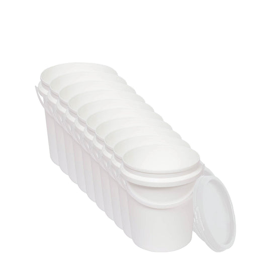 Kitchee 10x 1.2L Plastic Buckets + Lids - Food Grade Empty White Tub With Handle