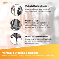 Social Hike Sports Equipment Storage Organiser Trolley on Wheels - Garage Basket